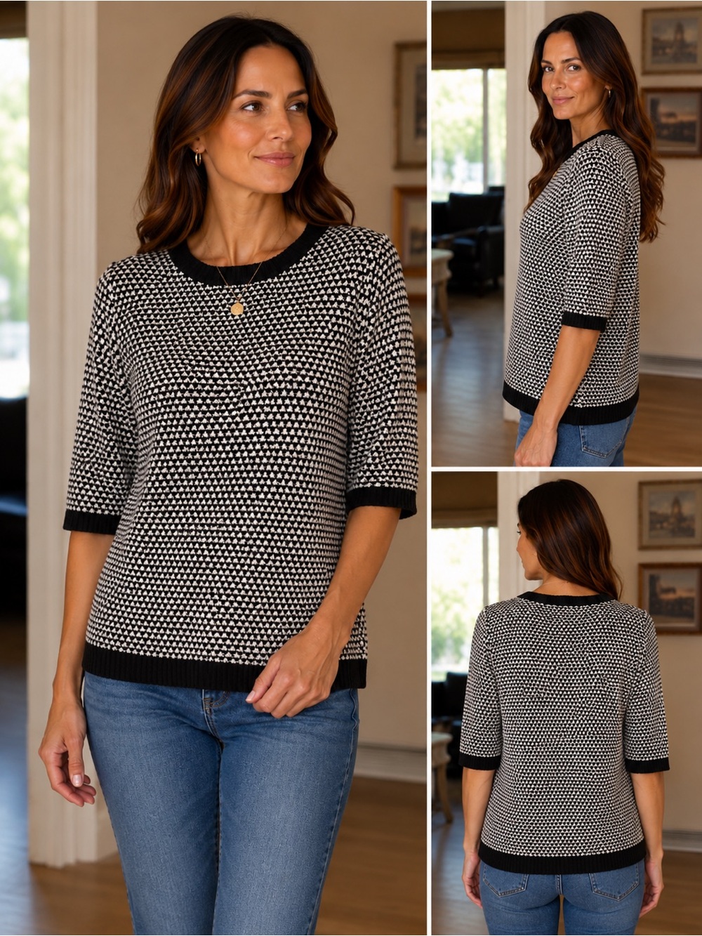 Karen Scott Black & White Knit cotton top